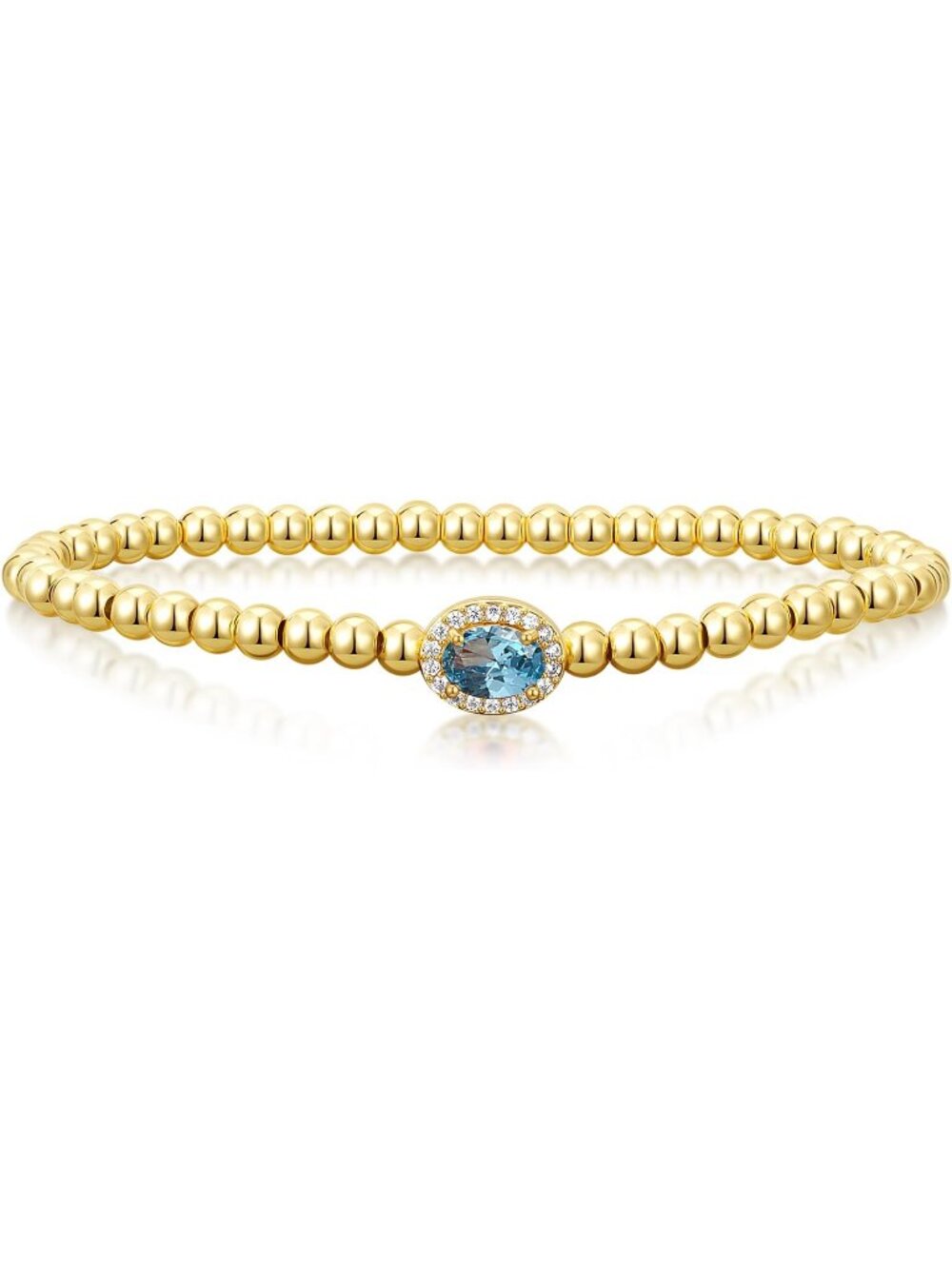 03-Mar-Lab Aquamarine Birthstone Beaded 14K Gold Plated Oval Charm Bracelet